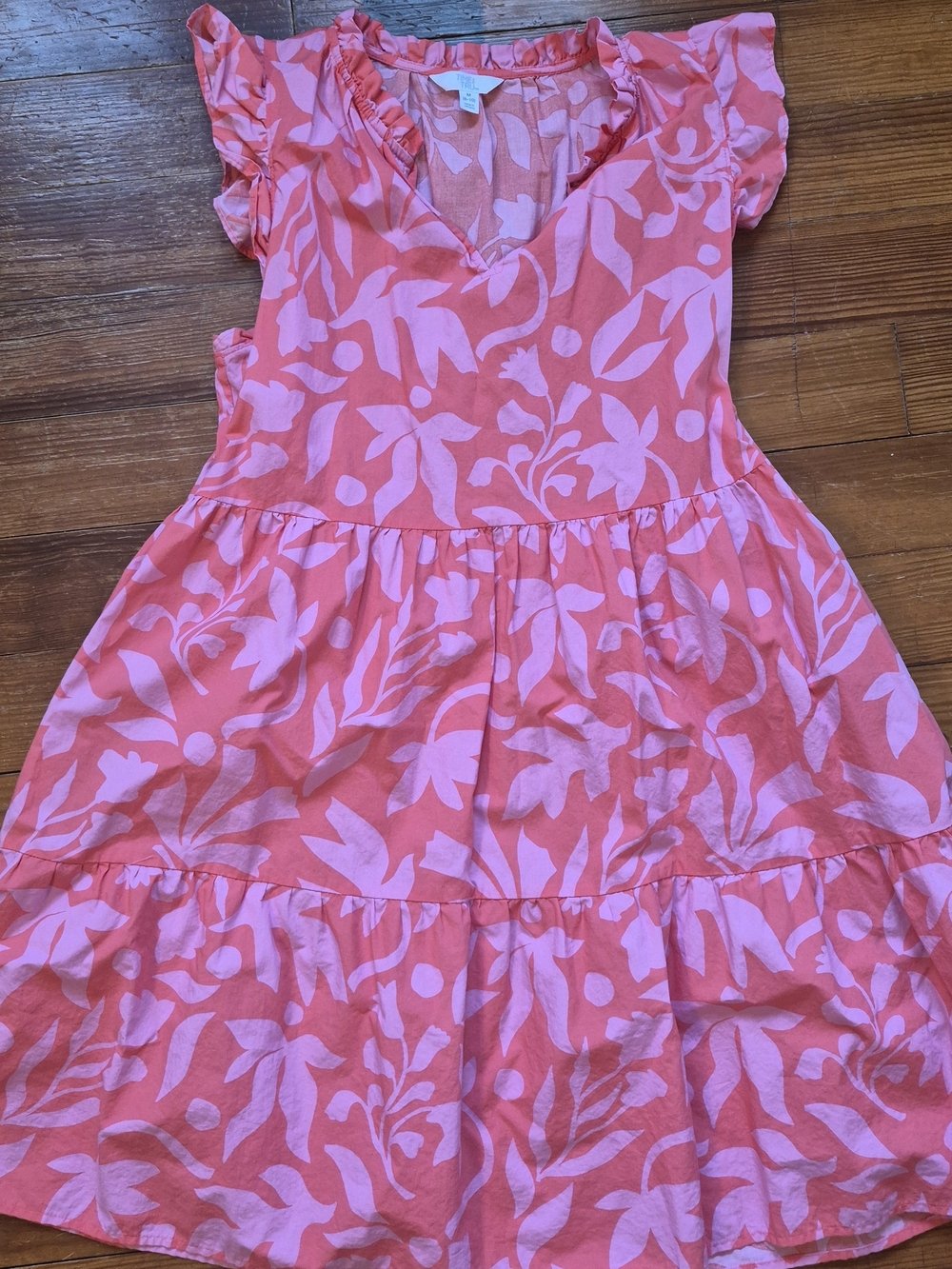 Time and Tru Coral Pink Orange Floral Tiered V-Neck Dress Tie Detail- M 8-10